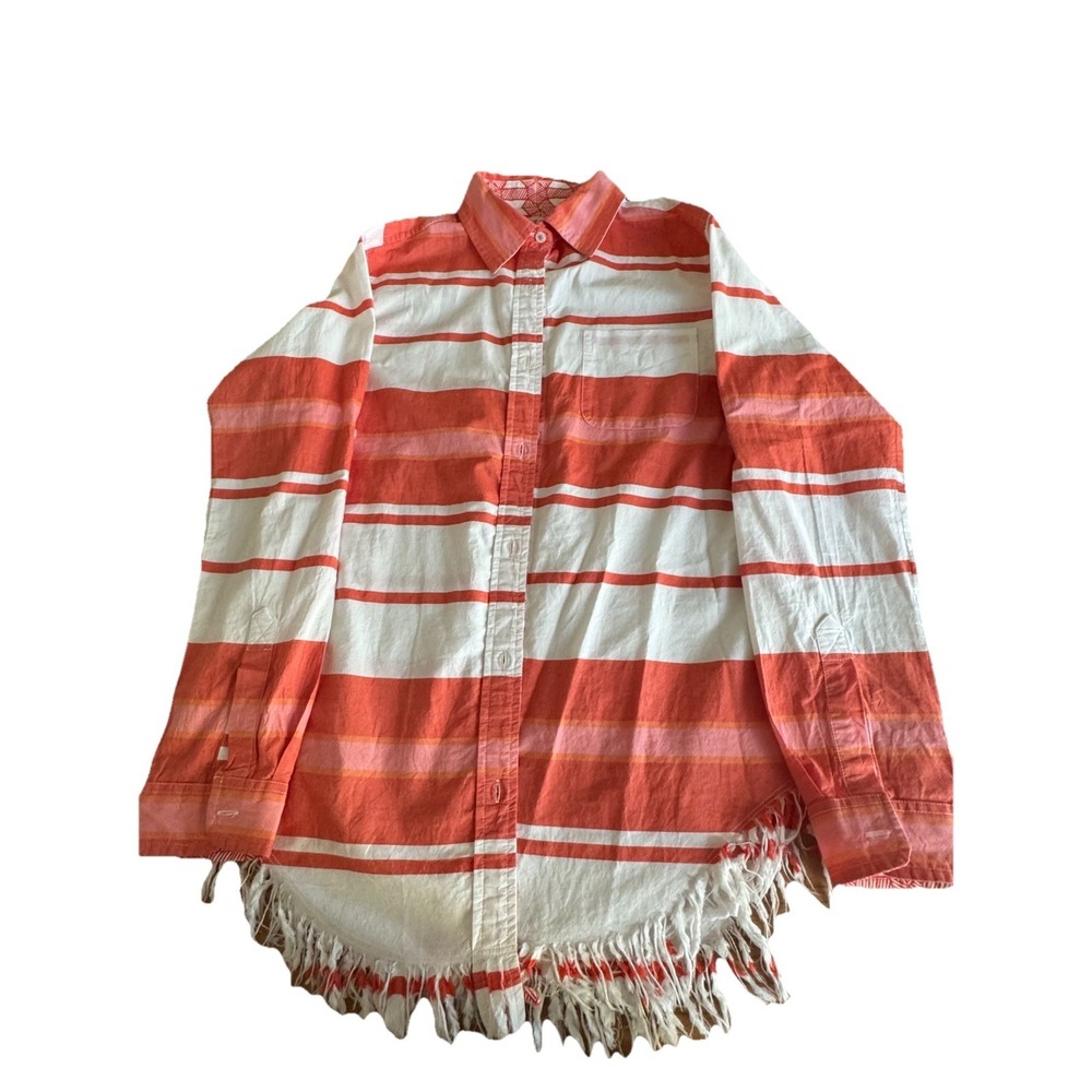 Tizzie Shirt Top Button Up Cotton Sz M Roll Tab Long Sleeve Fringe Hem